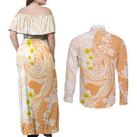 Orange Hawaii Shark Tattoo Couples Matching Off Shoulder Maxi Dress and Long Sleeve Button Shirt Puakenikeni Lei Plumeria Polynesian Pattern