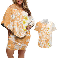 Orange Hawaii Shark Tattoo Couples Matching Off Shoulder Short Dress and Hawaiian Shirt Puakenikeni Lei Plumeria Polynesian Pattern