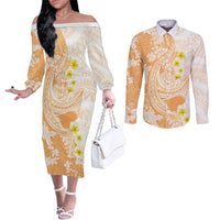 Orange Hawaii Shark Tattoo Couples Matching Off The Shoulder Long Sleeve Dress and Long Sleeve Button Shirt Puakenikeni Lei Plumeria Polynesian Pattern