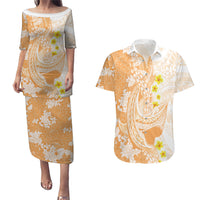 Orange Hawaii Shark Tattoo Couples Matching Puletasi and Hawaiian Shirt Puakenikeni Lei Plumeria Polynesian Pattern