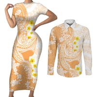 Orange Hawaii Shark Tattoo Couples Matching Short Sleeve Bodycon Dress and Long Sleeve Button Shirt Puakenikeni Lei Plumeria Polynesian Pattern