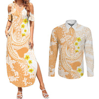 Orange Hawaii Shark Tattoo Couples Matching Summer Maxi Dress and Long Sleeve Button Shirt Puakenikeni Lei Plumeria Polynesian Pattern