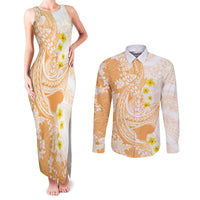 Orange Hawaii Shark Tattoo Couples Matching Tank Maxi Dress and Long Sleeve Button Shirt Puakenikeni Lei Plumeria Polynesian Pattern