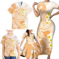 Orange Hawaii Shark Tattoo Family Matching Short Sleeve Bodycon Dress and Hawaiian Shirt Puakenikeni Lei Plumeria Polynesian Pattern