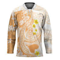 Orange Hawaii Shark Tattoo Hockey Jersey Puakenikeni Lei Plumeria Polynesian Pattern