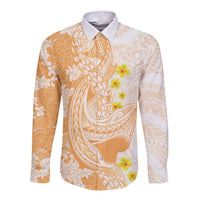 Orange Hawaii Shark Tattoo Long Sleeve Button Shirt Puakenikeni Lei Plumeria Polynesian Pattern