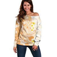 Orange Hawaii Shark Tattoo Off Shoulder Sweater Puakenikeni Lei Plumeria Polynesian Pattern
