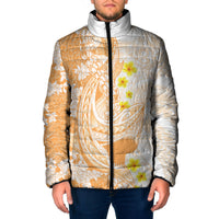 Orange Hawaii Shark Tattoo Padded Jacket Puakenikeni Lei Plumeria Polynesian Pattern