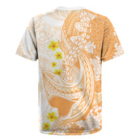 Orange Hawaii Shark Tattoo Rugby Jersey Puakenikeni Lei Plumeria Polynesian Pattern