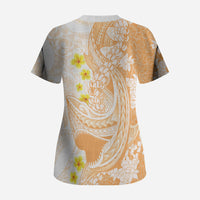 Orange Hawaii Shark Tattoo Scrub Top Puakenikeni Lei Plumeria Polynesian Pattern