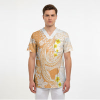 Orange Hawaii Shark Tattoo Scrub Top Puakenikeni Lei Plumeria Polynesian Pattern