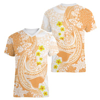 Orange Hawaii Shark Tattoo Women V-Neck T-Shirt Puakenikeni Lei Plumeria Polynesian Pattern