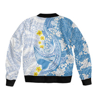 Blue Hawaii Shark Tattoo Bomber Jacket Puakenikeni Lei Plumeria Polynesian Pattern