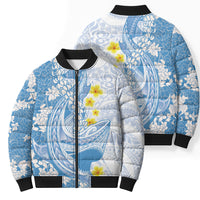 Blue Hawaii Shark Tattoo Bomber Puffer Jacket Puakenikeni Lei Plumeria Polynesian Pattern LT14 - Polynesian Pride