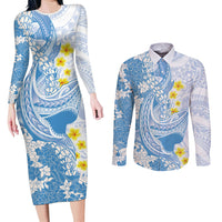 Blue Hawaii Shark Tattoo Couples Matching Long Sleeve Bodycon Dress and Long Sleeve Button Shirt Puakenikeni Lei Plumeria Polynesian Pattern