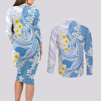 Blue Hawaii Shark Tattoo Couples Matching Long Sleeve Bodycon Dress and Long Sleeve Button Shirt Puakenikeni Lei Plumeria Polynesian Pattern