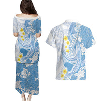 Blue Hawaii Shark Tattoo Couples Matching Puletasi and Hawaiian Shirt Puakenikeni Lei Plumeria Polynesian Pattern