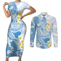 Blue Hawaii Shark Tattoo Couples Matching Short Sleeve Bodycon Dress and Long Sleeve Button Shirt Puakenikeni Lei Plumeria Polynesian Pattern