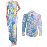 Blue Hawaii Shark Tattoo Couples Matching Tank Maxi Dress and Long Sleeve Button Shirt Puakenikeni Lei Plumeria Polynesian Pattern