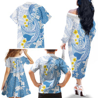 Blue Hawaii Shark Tattoo Family Matching Off The Shoulder Long Sleeve Dress and Hawaiian Shirt Puakenikeni Lei Plumeria Polynesian Pattern