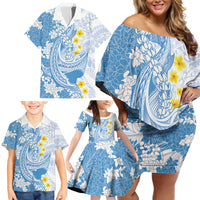 Blue Hawaii Shark Tattoo Family Matching Off Shoulder Short Dress and Hawaiian Shirt Puakenikeni Lei Plumeria Polynesian Pattern