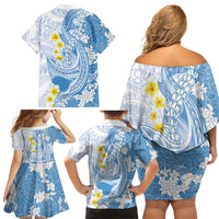 Blue Hawaii Shark Tattoo Family Matching Off Shoulder Short Dress and Hawaiian Shirt Puakenikeni Lei Plumeria Polynesian Pattern