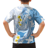 Blue Hawaii Shark Tattoo Family Matching Short Sleeve Bodycon Dress and Hawaiian Shirt Puakenikeni Lei Plumeria Polynesian Pattern