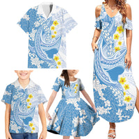 Blue Hawaii Shark Tattoo Family Matching Summer Maxi Dress and Hawaiian Shirt Puakenikeni Lei Plumeria Polynesian Pattern