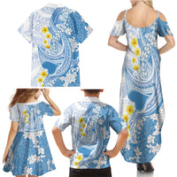 Blue Hawaii Shark Tattoo Family Matching Summer Maxi Dress and Hawaiian Shirt Puakenikeni Lei Plumeria Polynesian Pattern
