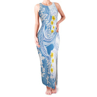 Blue Hawaii Shark Tattoo Family Matching Tank Maxi Dress and Hawaiian Shirt Puakenikeni Lei Plumeria Polynesian Pattern