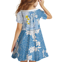 Blue Hawaii Shark Tattoo Kid Short Sleeve Dress Puakenikeni Lei Plumeria Polynesian Pattern