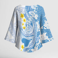 Blue Hawaii Shark Tattoo Kimono Sleeve Blouse Puakenikeni Lei Plumeria Polynesian Pattern