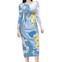 Blue Hawaii Shark Tattoo Long Sleeve Bodycon Dress Puakenikeni Lei Plumeria Polynesian Pattern LT14 Long Dress Blue - Polynesian Pride