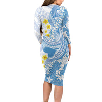 Blue Hawaii Shark Tattoo Long Sleeve Bodycon Dress Puakenikeni Lei Plumeria Polynesian Pattern LT14 - Polynesian Pride