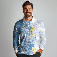 Blue Hawaii Shark Tattoo Long Sleeve Polo Shirt Puakenikeni Lei Plumeria Polynesian Pattern LT14 - Polynesian Pride