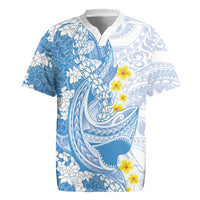 Blue Hawaii Shark Tattoo Rugby Jersey Puakenikeni Lei Plumeria Polynesian Pattern