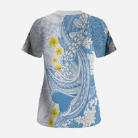 Blue Hawaii Shark Tattoo Scrub Top Puakenikeni Lei Plumeria Polynesian Pattern