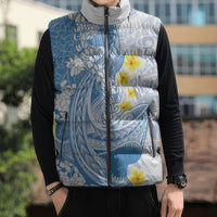 Blue Hawaii Shark Tattoo Sleeveless Puffer Jacket Puakenikeni Lei Plumeria Polynesian Pattern