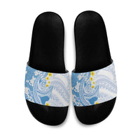 Blue Hawaii Shark Tattoo Slide Sandals Puakenikeni Lei Plumeria Polynesian Pattern
