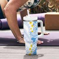 Blue Hawaii Shark Tattoo Tumbler With Handle Puakenikeni Lei Plumeria Polynesian Pattern