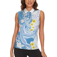 Blue Hawaii Shark Tattoo Women Sleeveless Polo Shirt Puakenikeni Lei Plumeria Polynesian Pattern