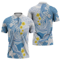 Blue Hawaii Shark Tattoo Zipper Polo Shirt Puakenikeni Lei Plumeria Polynesian Pattern