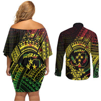 Reggae Kosrae Liberation Day Couples Matching Off Shoulder Short Dress and Long Sleeve Button Shirt September 8 Polynesian Tattoo - Polynesian Pride