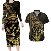 Gold Kosrae Liberation Day Couples Matching Long Sleeve Bodycon Dress and Hawaiian Shirt September 8 Polynesian Tattoo - Polynesian Pride