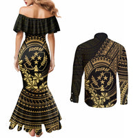Gold Kosrae Liberation Day Couples Matching Mermaid Dress and Long Sleeve Button Shirt September 8 Polynesian Tattoo - Polynesian Pride
