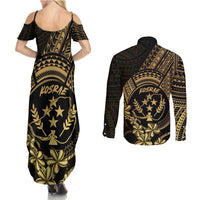 Gold Kosrae Liberation Day Couples Matching Summer Maxi Dress and Long Sleeve Button Shirt September 8 Polynesian Tattoo - Polynesian Pride