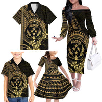 Gold Kosrae Liberation Day Family Matching Off The Shoulder Long Sleeve Dress and Hawaiian Shirt September 8 Polynesian Tattoo - Polynesian Pride
