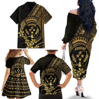 Gold Kosrae Liberation Day Family Matching Off The Shoulder Long Sleeve Dress and Hawaiian Shirt September 8 Polynesian Tattoo - Polynesian Pride