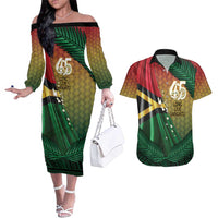 Personalised Long Live Vanuatu Independence Day Couples Matching Off The Shoulder Long Sleeve Dress and Hawaiian Shirt 46th Anniversary Woven Pattern LT14 Reggae - Polynesian Pride