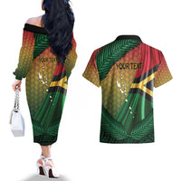 Personalised Long Live Vanuatu Independence Day Couples Matching Off The Shoulder Long Sleeve Dress and Hawaiian Shirt 46th Anniversary Woven Pattern LT14 - Polynesian Pride